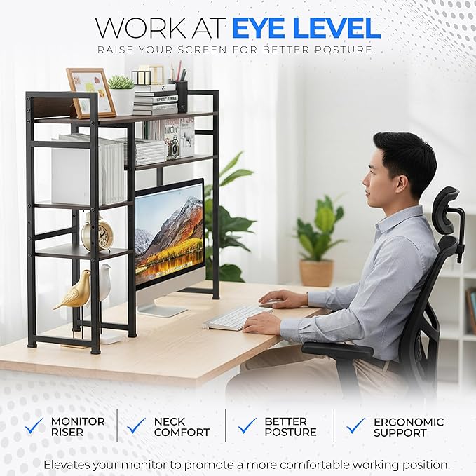 Desk Shelf Storage, 38 Inch, 4-Tier Wood Bookshelf Organizer, Computer Desk Hutch – Dark Brown, Desktop Bookshelf Organizer Shelf for Desk for Dorm Workspace and Home Office Use