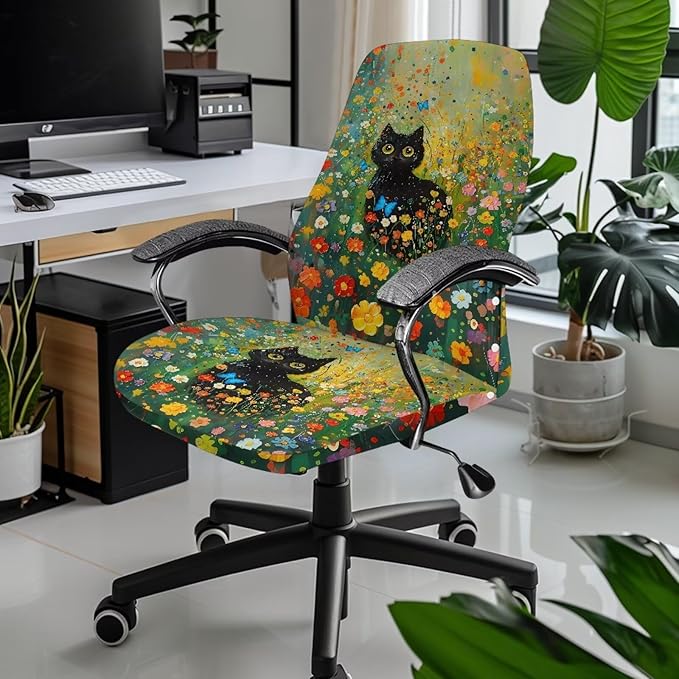 Talayituse Cat Butterfly Daisy Print Office Chair Covers, Stretch Computer Chair Cover, Universal Boss Chair Covers Modern Simplism Style High Back Chair Slipcover, Small