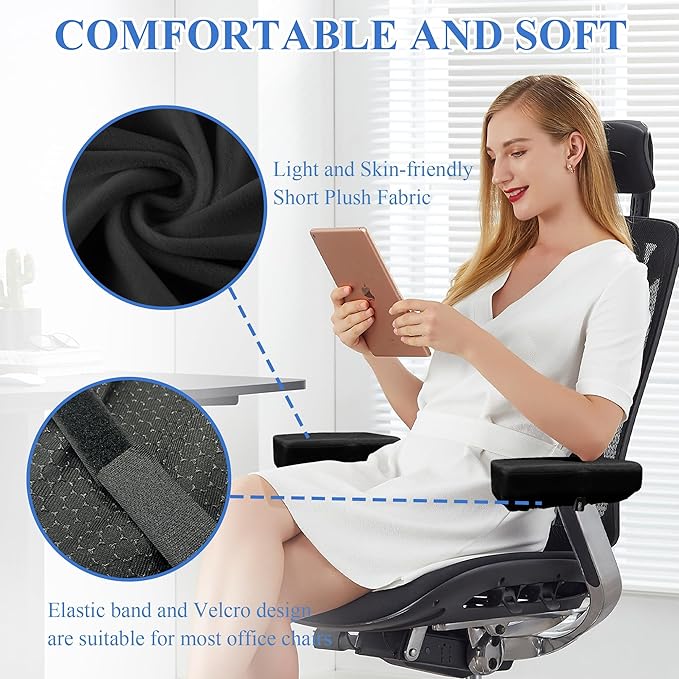 SPRING SEAON Office Chair Arm Covers Soft Memory Foam Arm Rest Pads Short Plush Gaming Chair Armrest Cushion Provide Cushioning for Elbows and Forearms 2 Pack Chair Covers for Arms Black