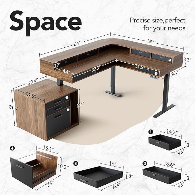 HUANUO Electric L Shaped Standing Desk with 6 Storage Drawers & File Cabinet, 2-Tier Corner Sit Stand Desk with Cable Management Tray, 84.5" × 58" Height Adjustable Computer Gaming Table, Walnut