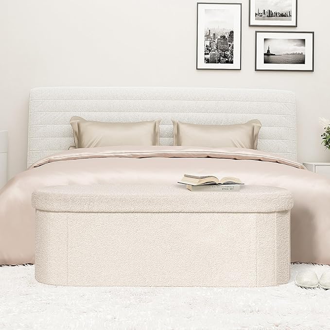 PINPLUS Storage Ottoman Bench Tufted Oval Ottomans Bench Foot Rest, Chest Box Velvet Bench with Storage, 43"x15"x15" (White)