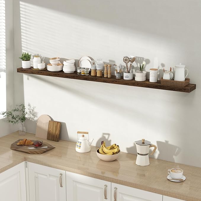 Acovy 72 Inch Floating Shelves for Wall 1 Pack, 72" Wall Shelves for Books, Storage, Decor, Wall Mounted Floating Shelf with Invisible Brackets for Kitchen, Living Room, Brown