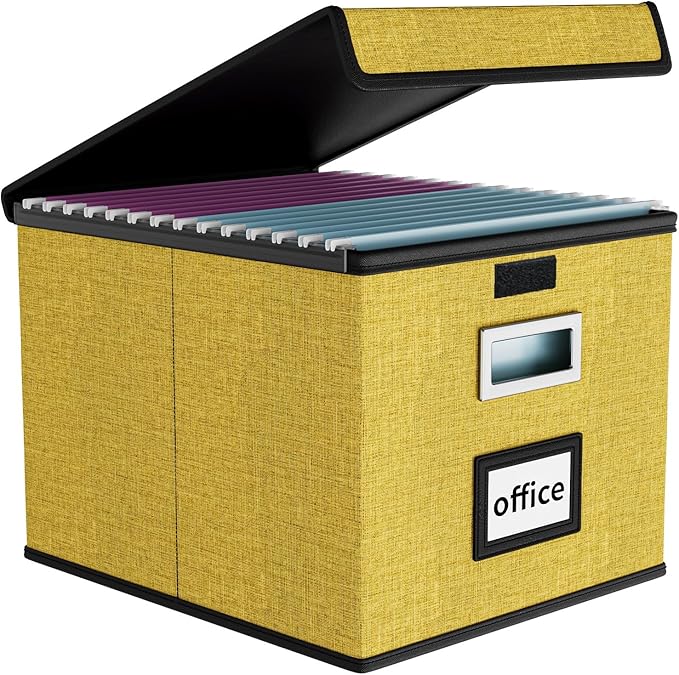 File Organizer Box with Lid, Collapsible File Folder Organizer for Office Document Storage, Filing Box with Plastic Slide for Letter Size Hanging Files(1 Pack, Yellow)