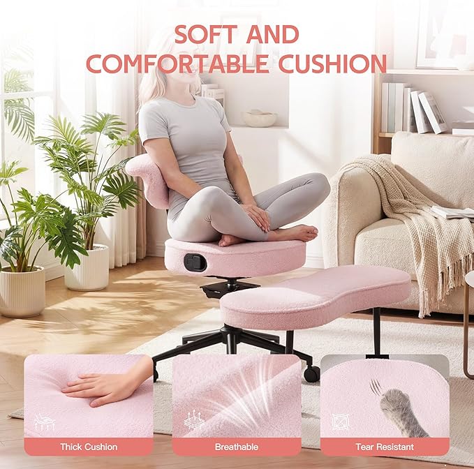Ergonomic Kneeling Chair with Wheels, Cross Legged Office Chair with High Lumbar Support, 360° Swivel Meditation Chair for ADHD & Yoga, Wide Criss Cross Chair for Home