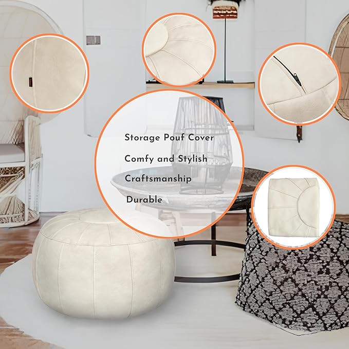 Thgonwid Unstuffed Moroccan Storage Pouf Foot Stool Ottoman Seat, No Filler Included, Handmade Faux Leather Bean Bag Floor Chair Foot Rest for Living Room, Bedroom or Balcony, Ivory White
