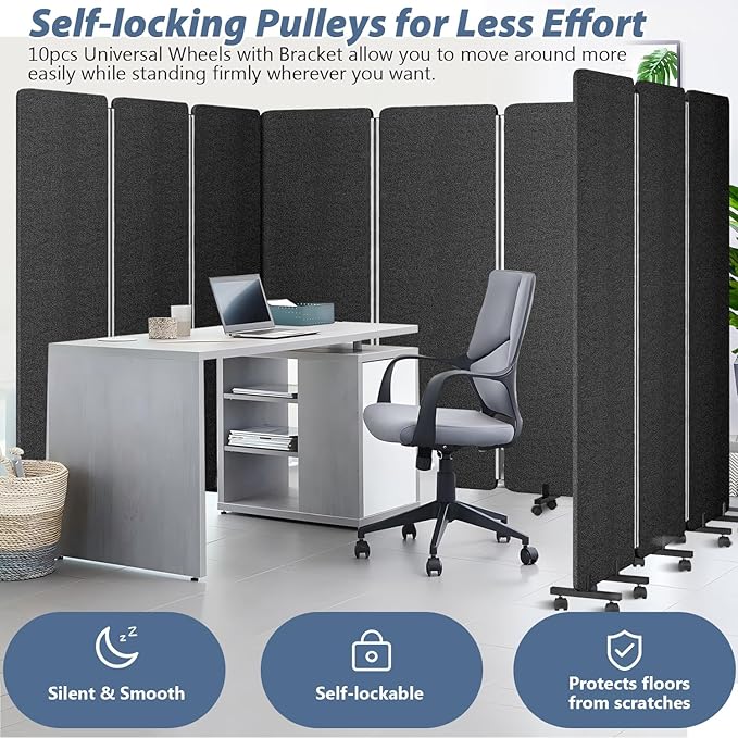 Room Divider Soundproof Privacy Panel with Wheels, 3 Panel Wall Divider (Aluminum Frame) for Room Partition, Folding Room Dividers Space Separation Office Cubicle Wall Divider Sound Proof Separator