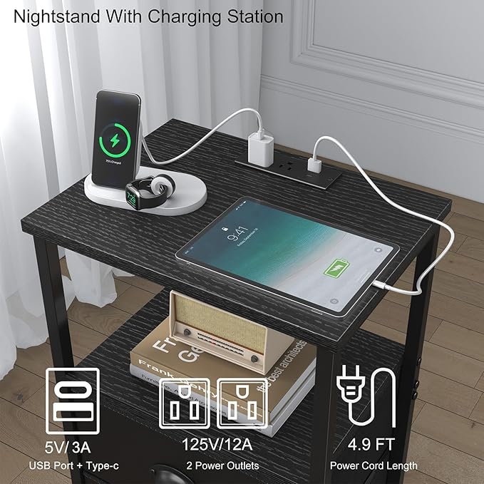 sthmec Nightstand with Charging Station, LED Night Stand Set 2, Bedside Table End Table Set of 2, Bedroom Table with 2 Fabric Drawers PU Finish, 3-Tier Storage Side Table for Bedroom,Black