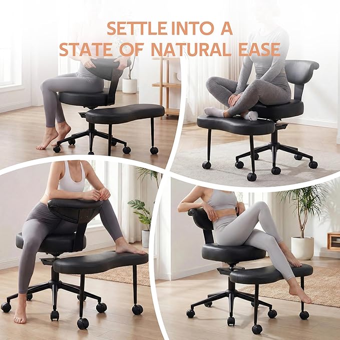 Ergonomic Kneeling Chair with Wheels, Cross Legged Office Chair with High Lumbar Support, 360° Swivel Meditation Chair for ADHD & Yoga, Wide Criss Cross Chair for Home