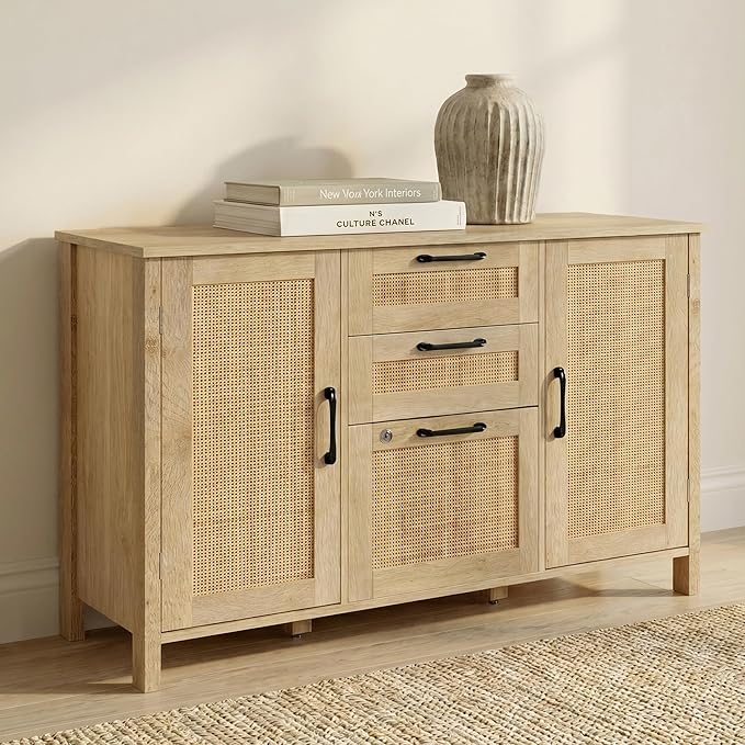 Lateral File Cabinets for Home Office, 3 Drawer and 2 Doors Filing Cabinet with Lock, Wide Rattan Filing Organization Cabinets with Printer Stand, Adjustable Storage Shelves/Hanging Bars, Natural Wood