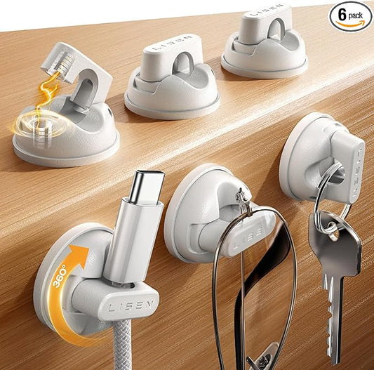 6-Pack Rotatable Cord Holder for Nightstand, LISEN 360°Rotating Magnetic Clips, No-Residue Adhesive Cable Management Clips Neatly for Nightstand, Desk, Home, Office, Car, Cubicle Accessories, White