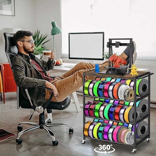 3D Printer Stand with Filament Storage Rack - 3D Printer Table Rolling Printer Cart on Wheels, Heavy Duty Metal Filament Spool Holder Organizer, 3D Printing Workstation for 48 Filament Spools Storage