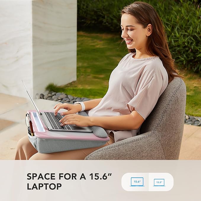 HUANUO Laptop Lap Desk - Portable Lap Desk with Pillow Cushion, Fits up to 15.6 inch Laptop, with Anti-Slip Strip & Storage Function for Home Office Students Use as Computer Laptop Stand - Pink