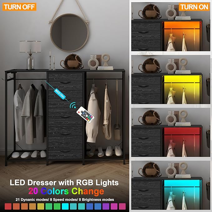 Espelism Dresser for Bedroom with Clothes Rack 5 Drawer Dresser with Charging Station LED Lights White Chest of Drawers Flexible Shelf and Open Storage Space for Bedroom Living Room (Charcoal Black)