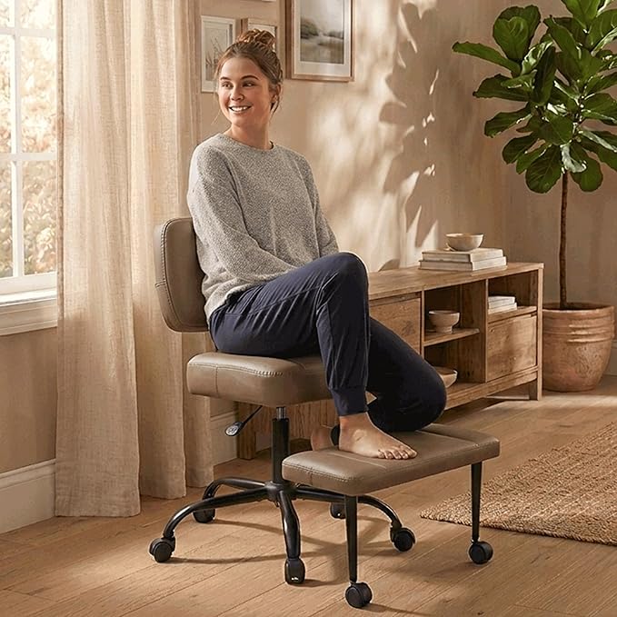 Ergonomic Criss Cross Legged Office Chair, ADHD Chair, 360° Swivel Meditation Kneeling Chair with Wheels, Adjustable Footrest, Bigger & Wider Height Adjustable Seat, Strong Lumbar Support, Brown PU