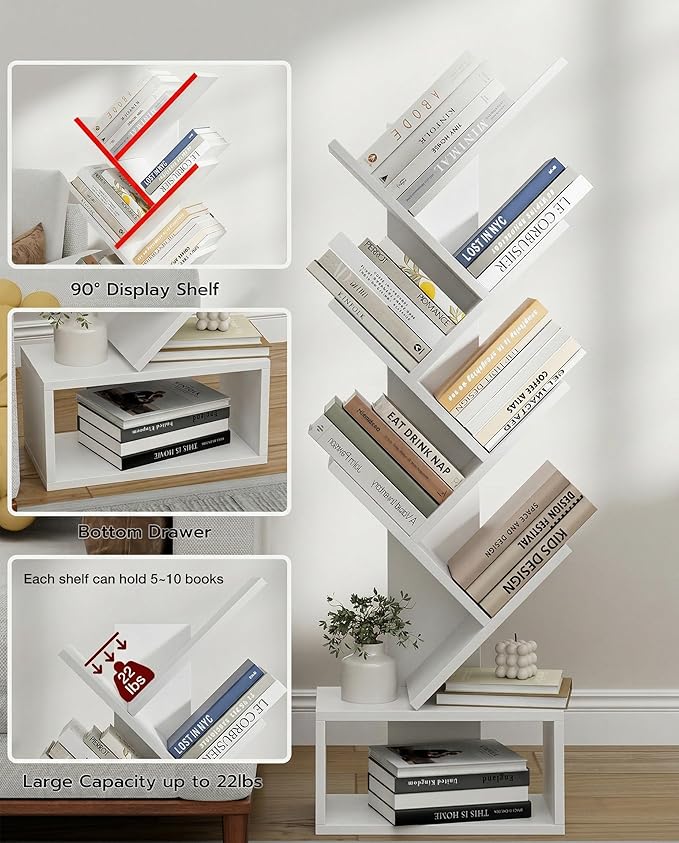 XBurmo 6 Tier Tree Book Shelf - Small Bookshelf Decor, Corner Bookshelf, Living Room Storage, Tall Narrow DVD & CD Shelf Storage Bookshelves, Comic Bookcases Standing for Bedroom or Office, White