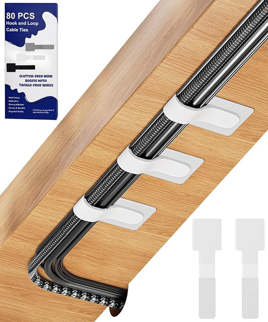 80PCS Hook and Loop Cable Ties, Under Desk Cable Management, Adhesive Cable Straps, Cord Management Hider Idea, Cord Organizer for Desk, Computer Accessories, Home Office Organization, White