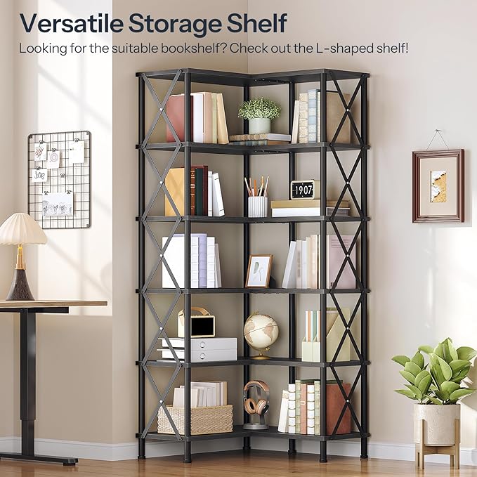 HOOBRO Corner Bookshelf, 6-Tier L-Shaped Bookcase, Industrial Open Display Shelf Tall Storage Organizer, Vertical Storage Rack, for Living Room, Home Office, Black BB61SJ01