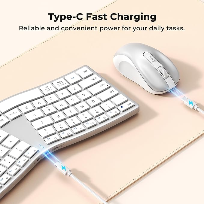 MEETION Ergonomic Keyboard and Mouse Wireless, Split S-Curve Design, 2.4G Wireless & Dual Bluetooth, Slim Low-Profile Rechargeable Full Size Keyboard, 4 DPI Mouse for Windows Mac PC Laptop, White