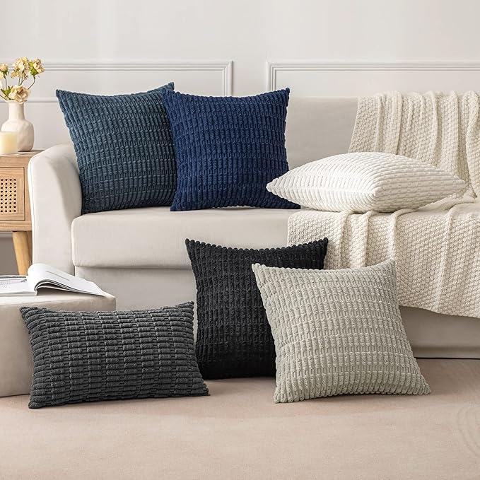 MIULEE Pack of 2 Corduroy Decorative Throw Pillow Covers 16x16 Inch Soft Boho Striped Pillow Covers Modern Farmhouse Home Decor for Sofa Living Room Couch Bed Pure White