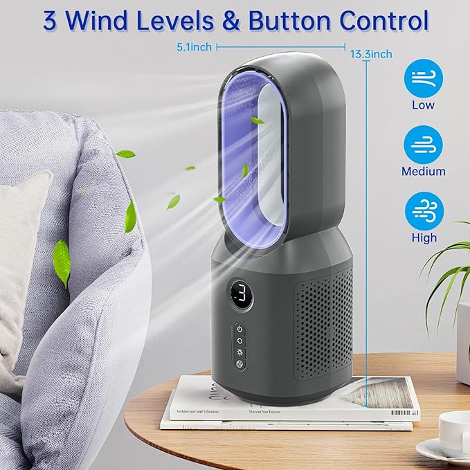 Desk Fan,13 Inch Portable Bladeless Fan, Small Quiet Office Fan with 106° Oscillating, 3 Speeds & Night light, LED Display,Button Control, Personal Battery Operated Table Fan for Bedroom, Office, Home