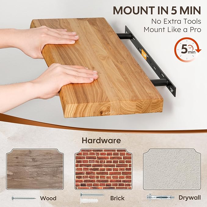 Floating Shelves Set of 2, Solid Elm Wood Wall Shelves 36 Inch - Invisible Bracket Mount for Living Room, Bedroom, Kitchen, Bathroom - Natural
