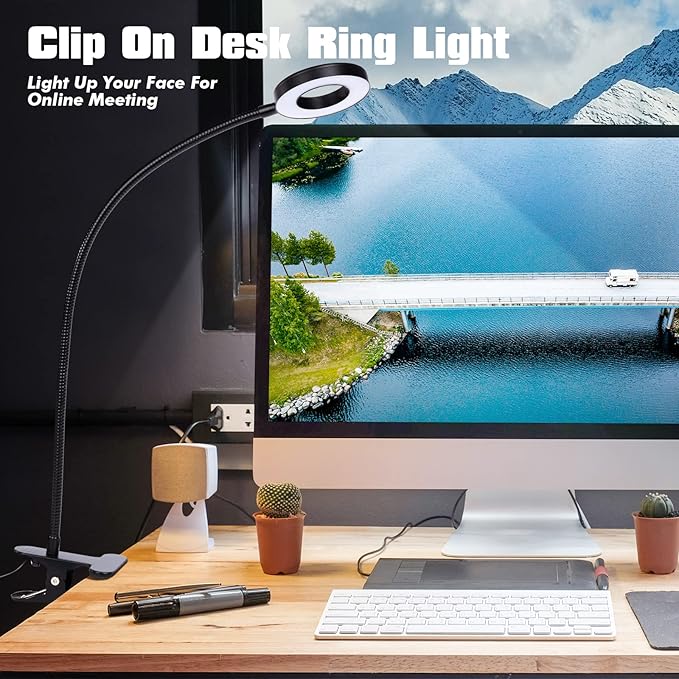 LuxLumin LED Desk Lamp with Clamp for Video Conference Lighting, USB Light for Laptop Zoom Meeting, Clip on LED Ring Light for Computer Webcam Lighting Dimmable Black