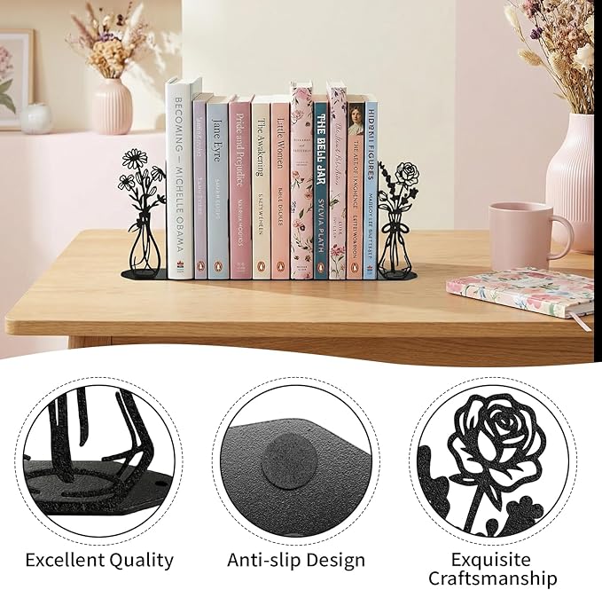 Flower Metal Bookends Decorative Book Ends for Shelves, Cute Book Ends for Home Office Decor Decorative Flower Vase Book Ends for Heavy Books, Book Stopper Ideal Gift for Mother's Day