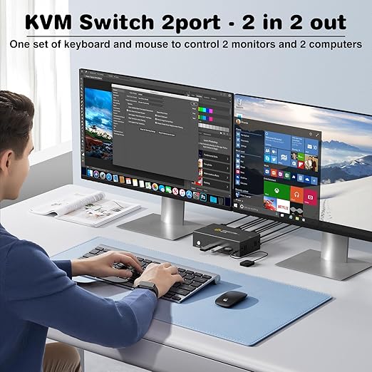 8K HDMI KVM Switch 2 Monitors 2 Computers,8K@60HZ USB3.0 Dual Monitors KVM Switches for 2 PC/Laptops Share Mouse Keyboard and 2 Screens,with 2 USB Cables/Controller,EDID Adapative,Plug&Play