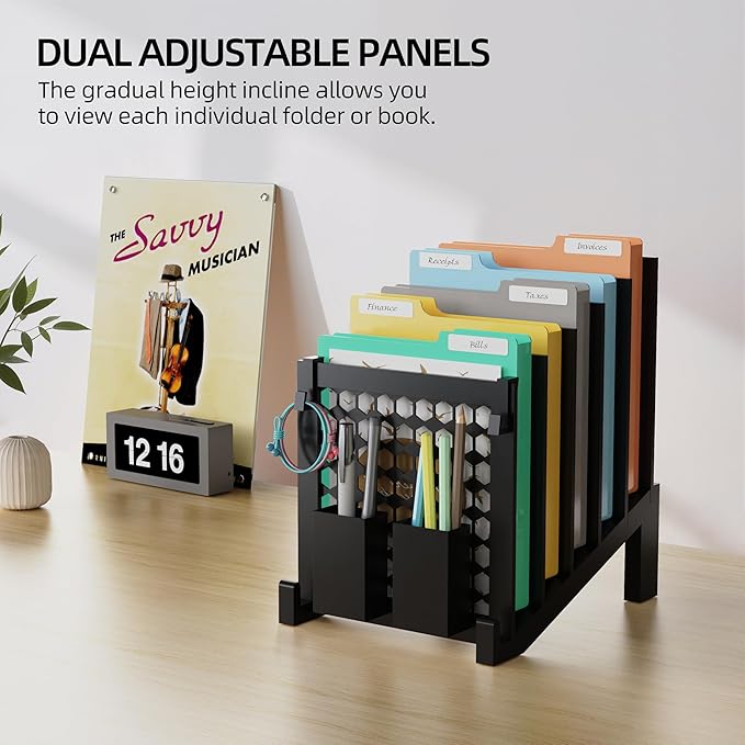 File Organizer for Desk with Storage Box & Hook, Inclined Desk File Organizer with 5-Section Vertical File Holder Suitable for Home Office Document Organization (Black)