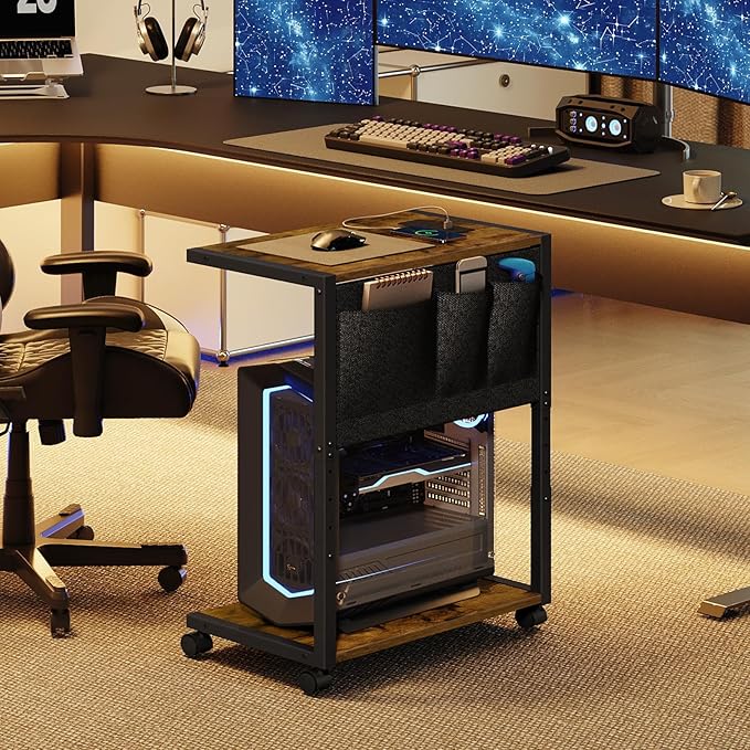 YATINEY PC Stand, Computer Tower Stand with Charging Station, Height Adjustable PC Tower Stand for Floor, 2 Tier Computer Cart On Wheels, 23.1" -29"H,19.7"L x 11"W, for Home Office,Rustic Brown CJ60BR