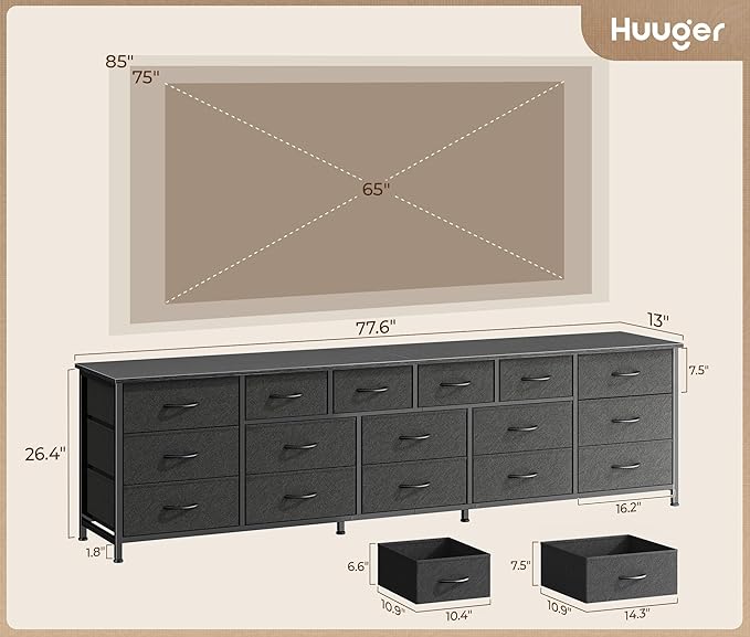 Huuger 77.6" Long Dresser for Bedroom, 16 Drawer Fabric Dresser for Closet, Wide Chest of Drawers with Storage, TV Stand for 65, 75, 85 Inch TV, 77.6" W x 12.9" D x 26.7" H, Black