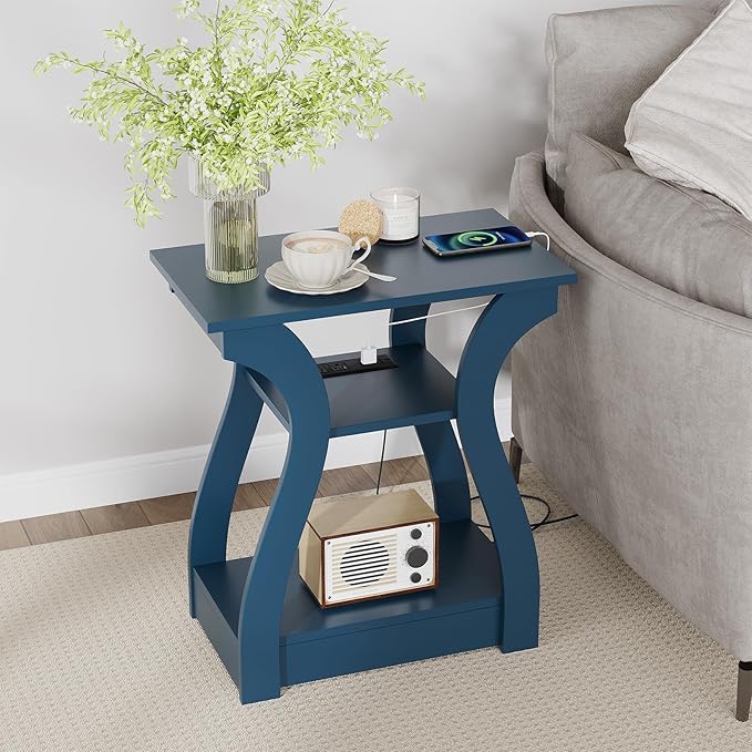 FROMJBEST End Tables Living Room, End Table end Table with Charging Station and USB,Navy Blue Side Table, Nightstand for Bedroom,3 Tier End Table with Storage Shelf for Living Room