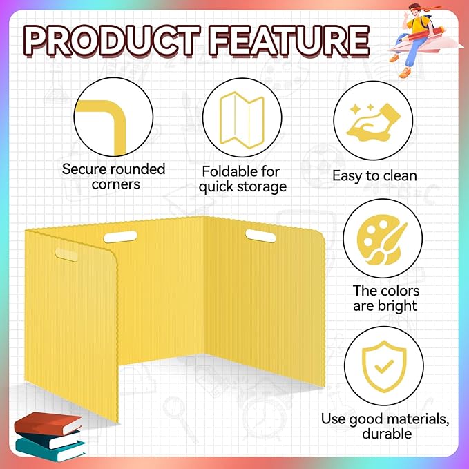 12 Pcs Desk Dividers for Students Classroom Plastic Privacy Folders Yellow Test Dividers for Students Desks Trifold Privacy Panel Partitions for School Teacher Supplies (Yellow)