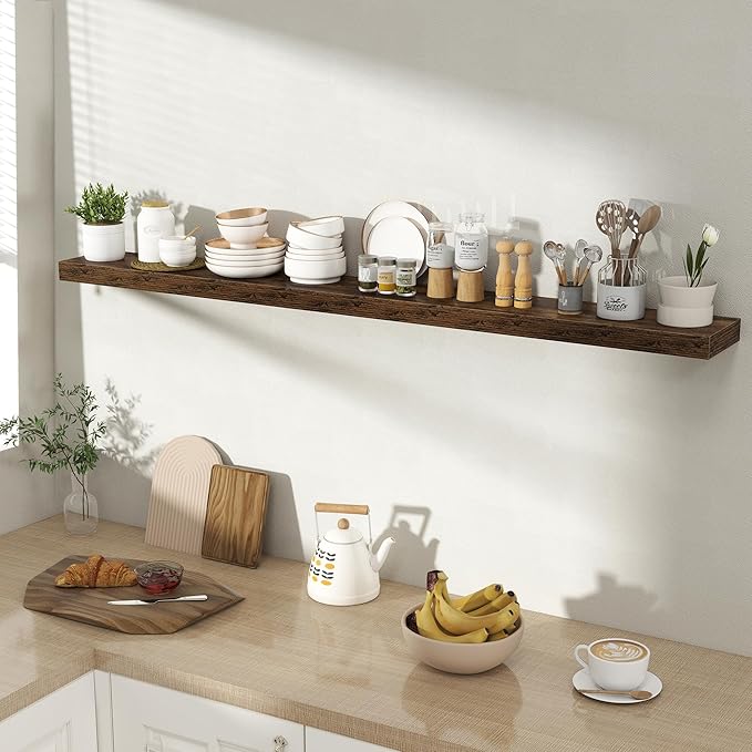 Acovy 55 Inch Floating Shelves for Wall 1 Pack, 55" Wall Shelves for Books, Storage, Decor, Wall Mounted Floating Shelf with Invisible Brackets for Kitchen, Living Room, Brown