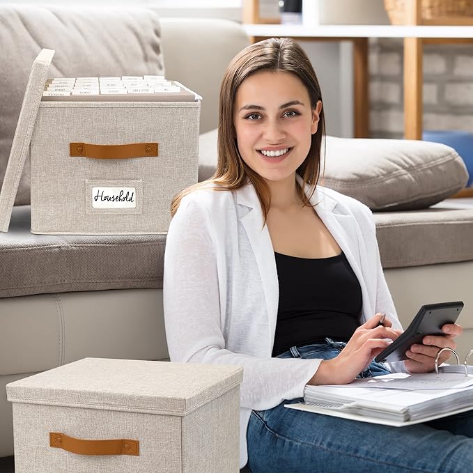 ZICOTO Decorative File Organizer Box Set of 2 - Collapsible Linen Filing Cabinets with Handles Are Perfect to Store All Your Documents & Hanging File Folders - Portable Easy Slide Crates with Lid