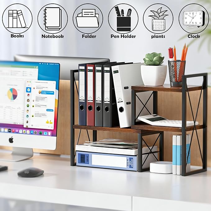 Expandable Desktop Shelf Organizer, 2 Tier Wood Desk Shelf for Office, Metal Corner Bookshelf, Countertop Storage Rack (Brown)