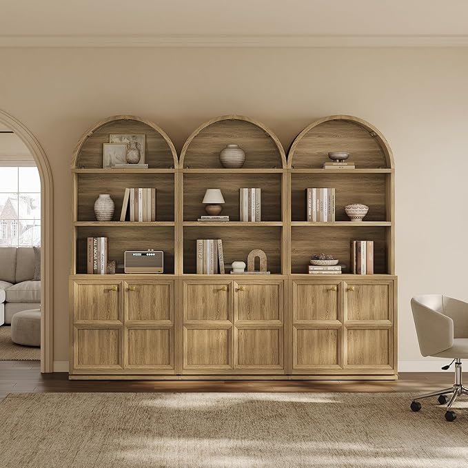 SICOTAS 81" Tall Arched Bookcase, Large Bookshelves with Storage, Modern 5-Tier Arched Cabinet with Adjustable Shelves & Cable Management for Home Office Library Living Room Kitchen, Brown Oak, 1 PCS