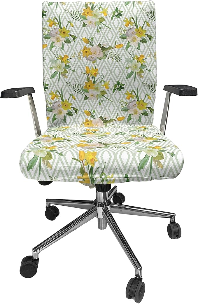 Ambesonne Watercolor Office Chair Cover, Diamond Pattern Blooming Floral Arrangement Petals and Leaves, Stretchable Decorative Universal Size High Back Printed Slipcover, Green Yellow