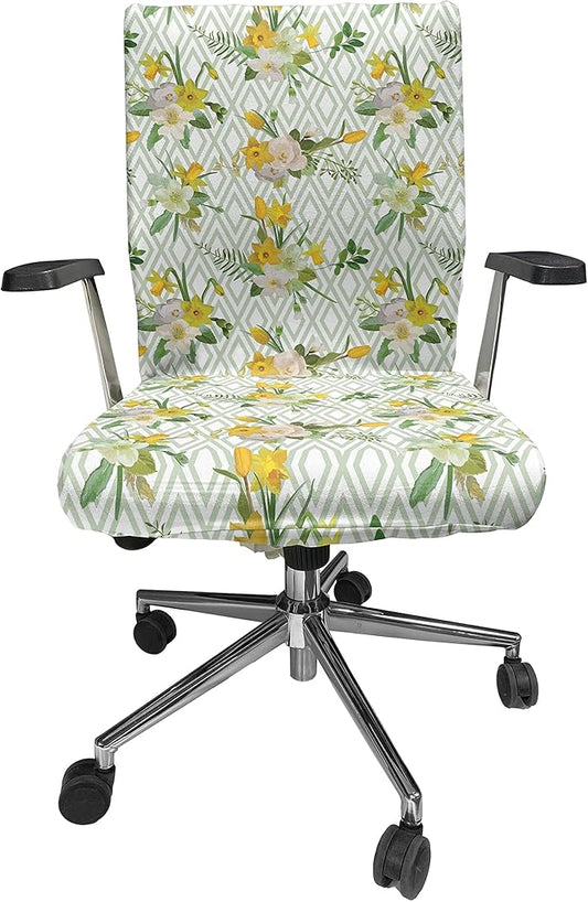 Ambesonne Watercolor Office Chair Cover, Diamond Pattern Blooming Floral Arrangement Petals and Leaves, Stretchable Decorative Universal Size High Back Printed Slipcover, Green Yellow