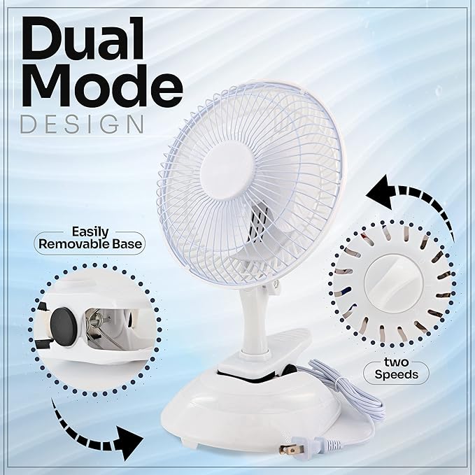 RamPro Portable Desk and Clip on Fan, 6 Inch Fans Small and Quiet Plug In, Small Personal Cooling Fan for Desk Home Bedroom Office, 2 Speed, Adjustable Tilt, White