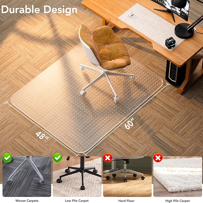 Office Chair Mat for Low Pile Carpet with Lip, 48" x 60" Clear Plastic Floor Protector, Heavy Duty Desk Chair Mat for Rolling Chairs, Smooth Glide Computer Mat for Home Office