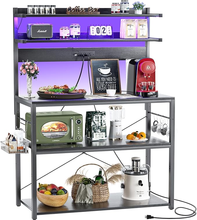 Aheaplus Bakers Rack with Power Outlet, Microwave Stand, 5 Tiers Coffee Bar Station with Led Lights, Kitchen Storage Shelf with 6 S-shaped Hooks, Kitchen Rack Coffee Bar Stand, Black