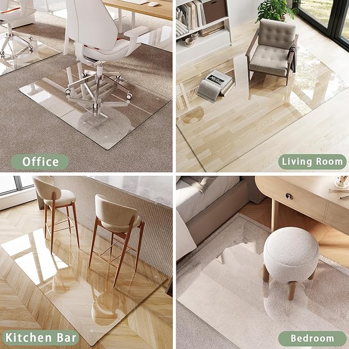 Tempered Glass Chair Mat 55"x36" – Ultra-Clear Office Chair Mat for Hardwood Floors & Low-Pile Carpets – Heavy-Duty 0.2" Scratch-Resistant Surface with Non-Slip Pads – Supports 1,000 lbs