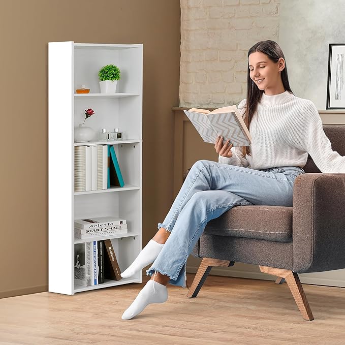 ZENY 5-Tier Shelf Bookcase, Freestanding Wood Storage Display Open Bookshelf for Home Office, White