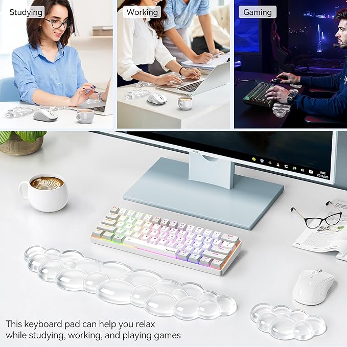 TECKNET Cloud Keyboard Wrist Rest Set, Cloud Wrist Rest with Non-Slip Base, PU Leather Wrist Pad for Keyboard with Ergonomic Memory Foam for Computer Laptop (Cloud Shape, Transparent)