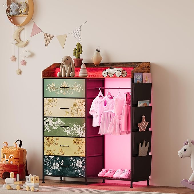 LUMTOK 2-in-1 Dresser with Hanging Racks,5 Fabric Drawers Dressers with LED Lights, Charging Station for Bedroom Living Room, Entryway, Closets (Retro Pattern)
