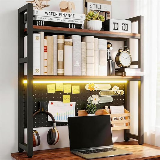 2 Tier Desktop Hutch Bookshelf with LED Light Strip, 39.4" Metal Dorm Desk Hutch with Pegboard Hooks Set, Display Desk Shelf Bookcase Storage Organizer Rack for Dorm Home Office