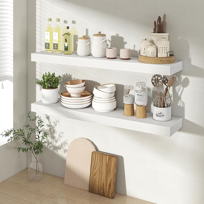 Acovy 30 Inch Floating Shelves for Wall 2 Pack, 30" Wall Shelves for Books, Storage, Decor, Wall Mounted Floating Shelf with Invisible Brackets for Kitchen, Living Room, White