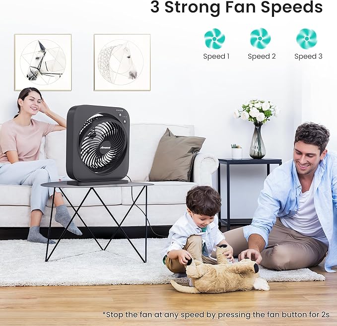 AMACOOL Table Fan, 12 inch Box Fan with 3 Speeds & 8HRS Timer, 270° Pivoting Quiet Air Circulator, Desktop Fan for Bedroom Bathroom Kitchen Office, AC Adapter Included, Co-Branded with Cmyfato-Black