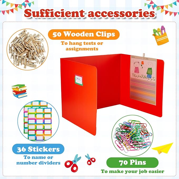 24 Packs Colorful Privacy Folders for Student Desk Durable Waterproof Plastic Divider Board Tri Fold Easy Clean Privacy Shield Divider with Sticker Clips and Clips for Classroom Teacher Supplies